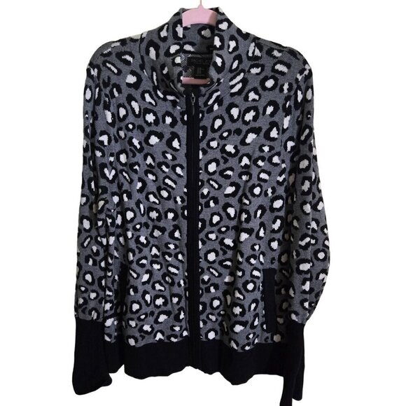 Rachel Zoe Black Gray Cheetah Print Full Zip Cardigan Size XL - Picture 2 of 6
